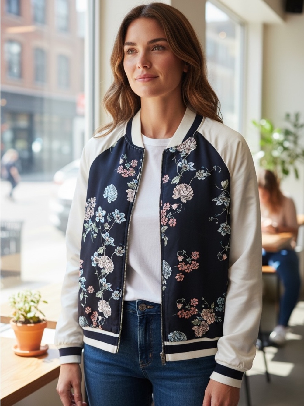 Xhilaration Navy Floral Bomber Jacket with Cream Sleeves